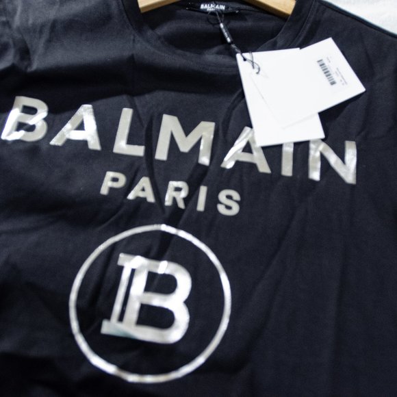 Balmain Paris T Shirt - Silver Print on Black - Picture 2 of 12